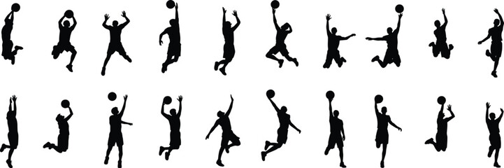 Dynamic basketball player silhouettes in various mid-air actions including jumping shooting and dunking © Hey there