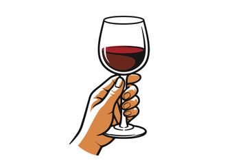 Illustration of hand holding red wine glass on white background