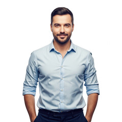 Fototapeta premium A man with a beard and mustache wearing a light blue shirt and dark pants. isolated on transparent background