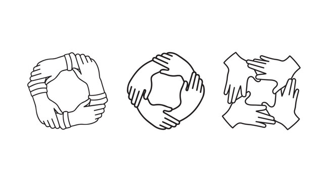 A set of four circle of interlocked hands line art symbol of unity and collaboration vector illustration