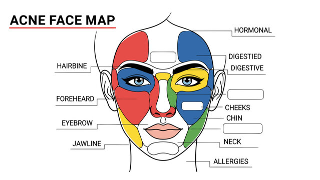 Acne Face Map Illustration: Diagram of Facial Breakouts Linked to Hormonal, Digestive, and Allergy Causes with Copy Space