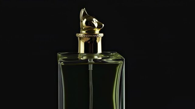 Close-up of a gold-capped, rectangular perfume bottle filled with a light green liquid
