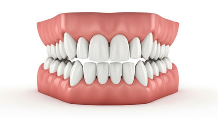 Obraz premium Detailed three dimensional rendering of perfect white human teeth set in pink gums showcasing a healthy and bright dental structure isolated against a clean white background for medical concepts.