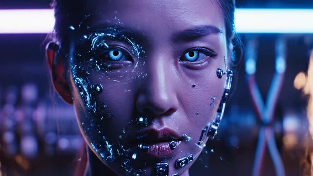 Close-up of woman's face with futuristic, glowing circuitry and wires superimposed over her cheek and eye, in a dark, neon-lit urban setting