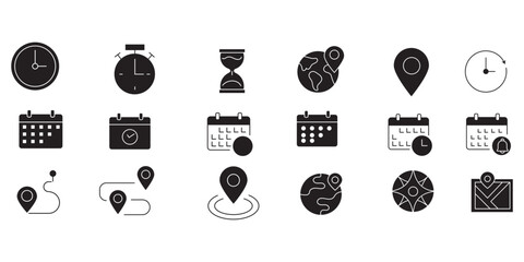 Time, calendar and location icon set with clocks, schedules, maps and navigation symbols in clean outline vector style