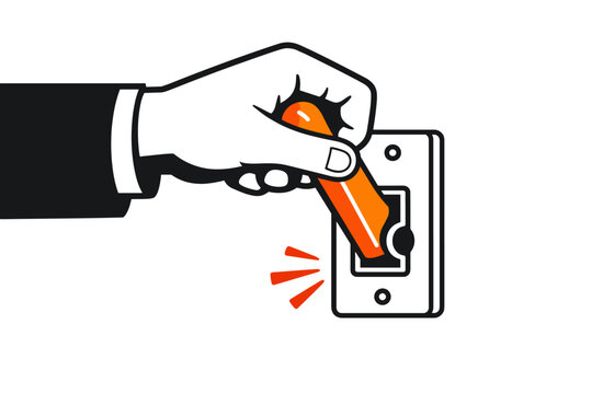 Hand operating a large red switch lever with black sleeve on white background