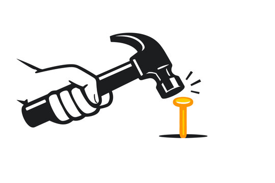 Illustration of hand using hammer to hit nail - simple iconic design