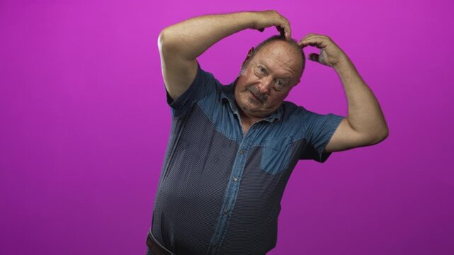 Man forming heart with hands over bald head in a studio against a magenta wall, wearing denim shirt and tilting head while smiling; playful affection.