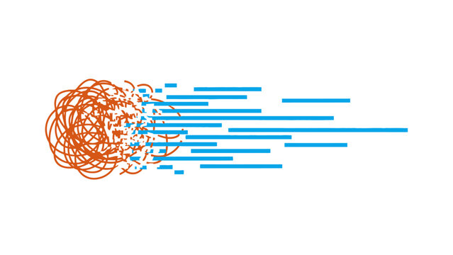 Complexity to Clarity: Tangled Scribble Dissolving into Organized Blue Data Flow Lines. Problem Solving and Digital Transformation Abstract Icon.