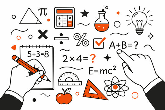 Mathematics and science concepts illustrated in doodles