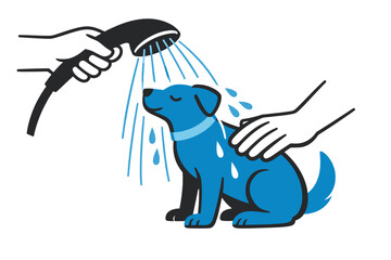 Cartoon blue dog getting a shower with hose and hand petting