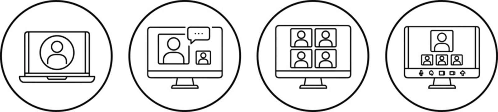 Video conference screen icons in circular frames representing online meetings remote teamwork communication webinar business collaboration vector illustration