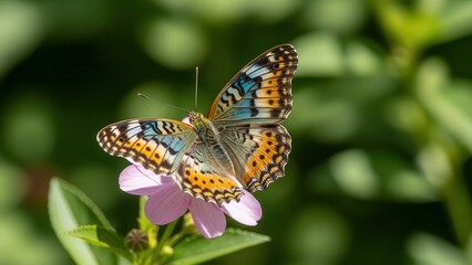 Obraz premium A detailed macro photograph of a vibrant butterfly with intricate wing patterns resting on a delicate pink flower amidst a blurred green garden background