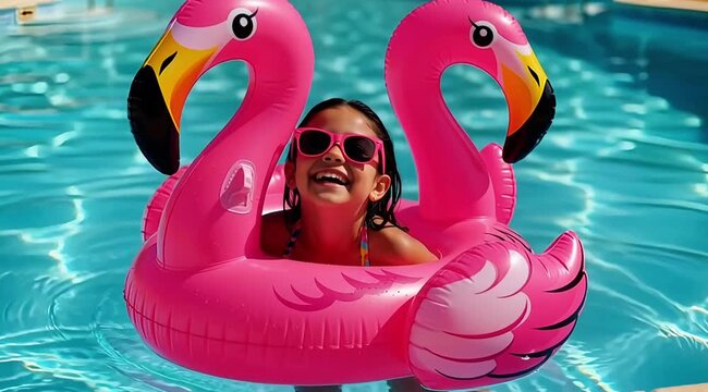 Young girl enjoys swimming with inflatable flamingo float in a sunny pool on a summer day, smiling happily