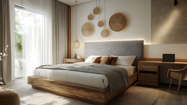 Luxury apartment bedroom with wooden furniture. Modern interior design living room with yellow sofa.