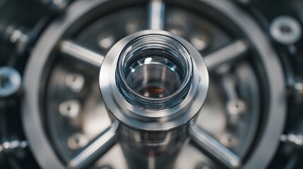 Fototapeta premium Detailed close up view of precision scientific laboratory equipment featuring intricate metal and glass components within a sterile industrial