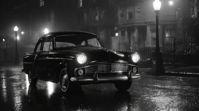 A classic 1950s car parked under a streetlight at night