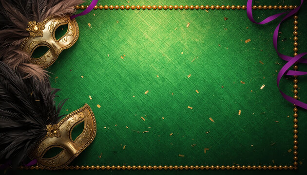 Mardi gras masquerade background with venetian masks, gold beads, and purple ribbons on green textured surface
