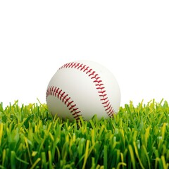 A white baseball with red stitching resting on a lush green grassy field.
