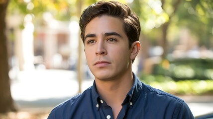 A young man with dark hair gazes thoughtfully into the distance