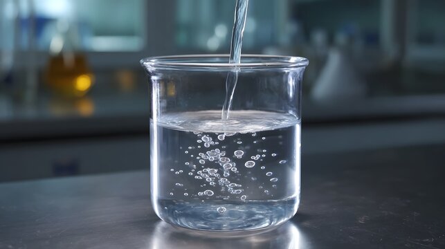 A stream of clear liquid is poured into a glass beaker creating effervescence and bubbles in a laboratory