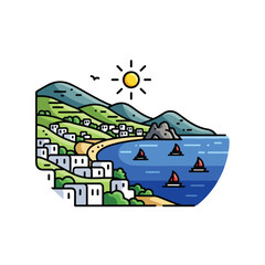 Naklejka premium Coastal village illustration with sailboats on calm waters under sunny sky