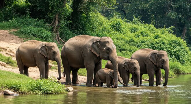 Elephant family crossing serene river in lush green forest habitat