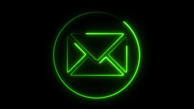 Glowing neon green email box icon animation. neon Mail envelope, incoming mail. on a black background, 4k video