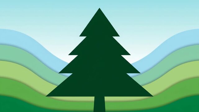 Stylized Evergreen Tree Silhouette Against Abstract Green and Blue Background.