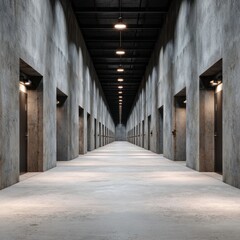 Obraz premium Serene Industrial Hallway with Symmetrical Doors and Modern Lighting