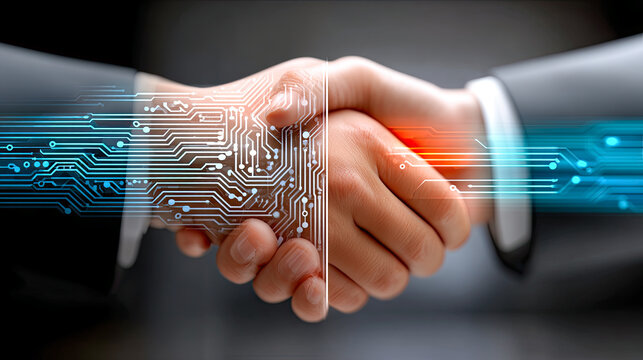 Handshake zwischen Mensch und k&uuml;nstlicher Intelligenz als Symbol f&uuml;r Zusammenarbeit, Vertrauen und digitale Transformation in Business und Technologie. Moderne Visualisierung einer Mensch KI Partnersc