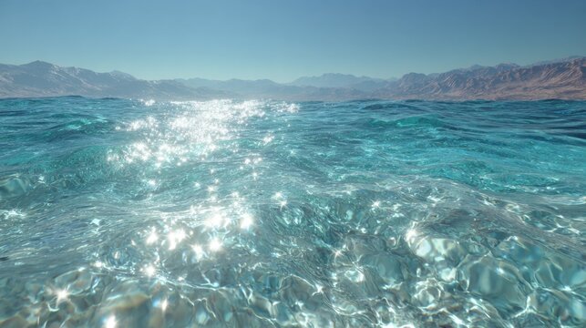 Low-altitude drone view tilting down toward the sea surface, crystal-clear turquoise water with sun glitter and crisp micro-ripples
