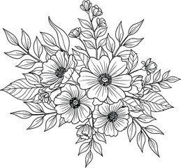 Fototapeta premium Black and white floral bouquet illustration with leaves and flowers