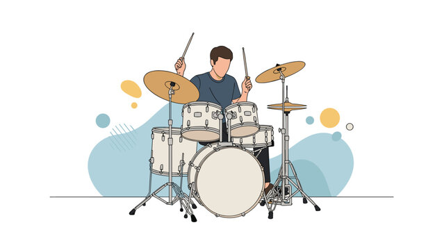 Talented man playing a complete drum kit with enthusiasm, depicted in a stylish continuous line art illustration with abstract shapes.