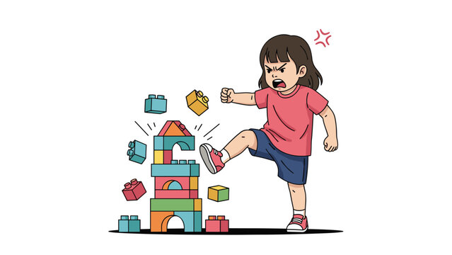 Angry little girl forcefully kicking over a tall tower of colorful building blocks, illustrating a moment of frustration or destructive play.