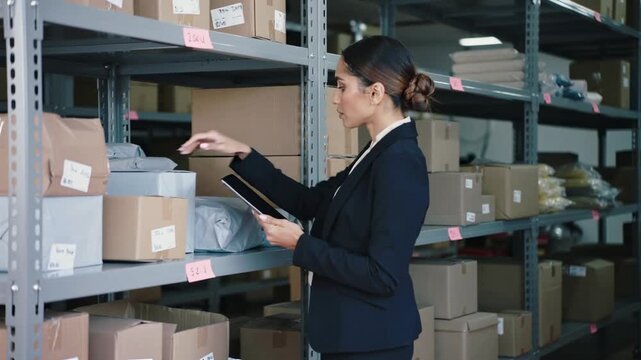 Woman entrepreneur reviewing inventory count on a tablet in a storage room