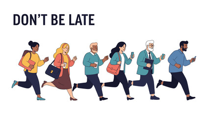Obraz premium Diverse group of six men and women urgently running, some holding phones, under the motivational phrase 