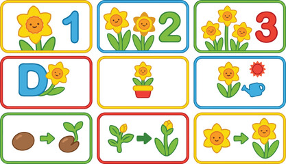 Obraz premium Educational daffodil life cycle illustration displayed in a 3x3 grid on a clean white background, showing stages from seed to blooming flower