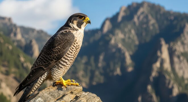 Majestic peregrine falcon perched on rocky outcrop in stunning mountain landscape