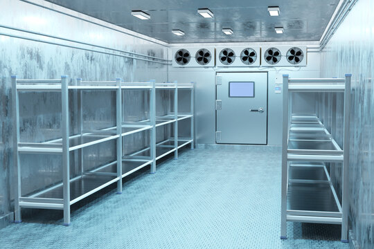 Cold storage operations, Food preservation. Empty refrigerated warehouse room with metal shelving, cooling fans, and insulated walls prepared for chilled goods storage, 3d image