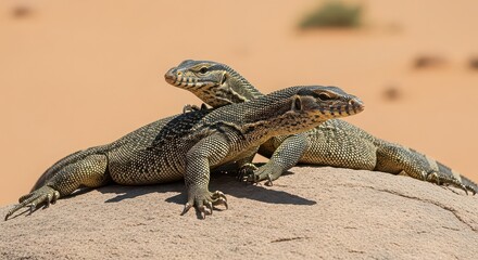 Two alert monitor lizards basking on rocky desert outcrop