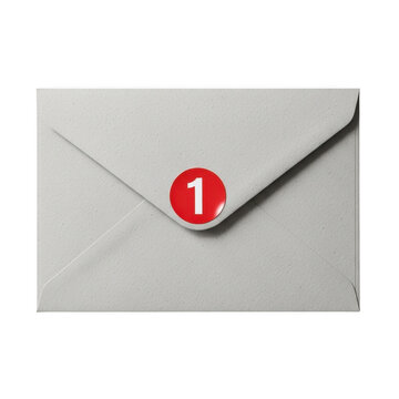 Close-up of a gray envelope with a red notification label isolated on transparent background