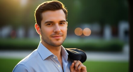 Handsome man with a jacket over his shoulder smiles at the camera