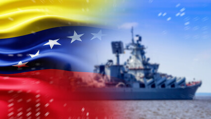 National defense, Naval operations. Venezuelan warship at sea under national flag, representing maritime security, military readiness, coastal patrol, and state sovereignty. © Grispb