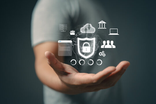 Businessman finger touching padlock icon.Cybersecurity protection concept.Innovative digital crime prevention technology.Financial data protection financial transaction security
