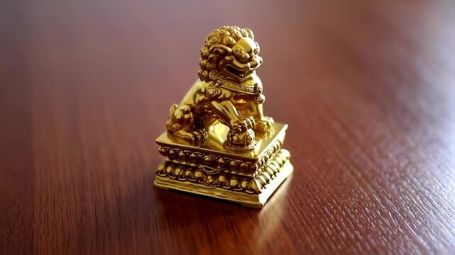 Golden Foo Dog figurine on a wooden surface (1)