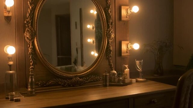 Vintage dressing table with ornate gold-framed mirror, lit bulbs, and makeup items on a wooden dresser in a dimly lit room