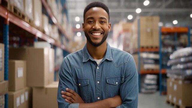 Young warehouse worker smiling with arms crossed among stacked boxes and pallets in a well-lit storage facility