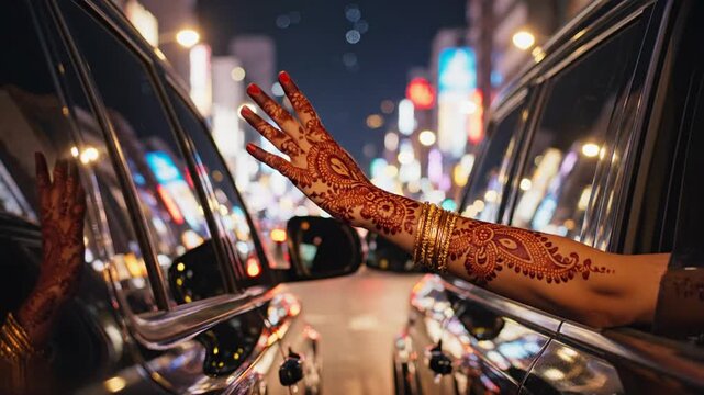 Woman's hand with henna design sticking out of car window on city street at night, with blurred background lights