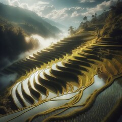 A serene rice terrace cascading down a hillside under blue skies